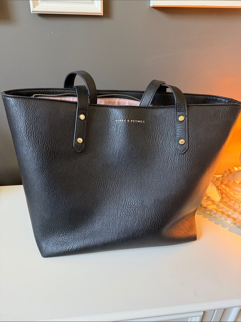 Poppy & Peonies Black Pebbled Leather Tote with Gold Accents